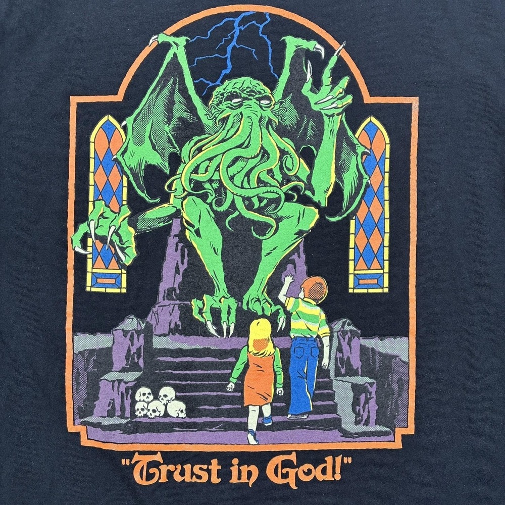 Steven Rhodes Shirt Mens XL Black Cthulhu Trust In God Graphic Retro Horror Tee